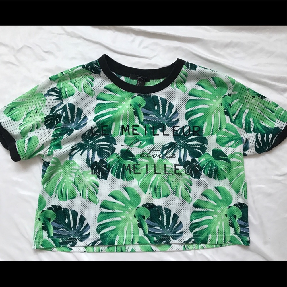 Jersey Material Crop Top w/ Green Palm Leaves